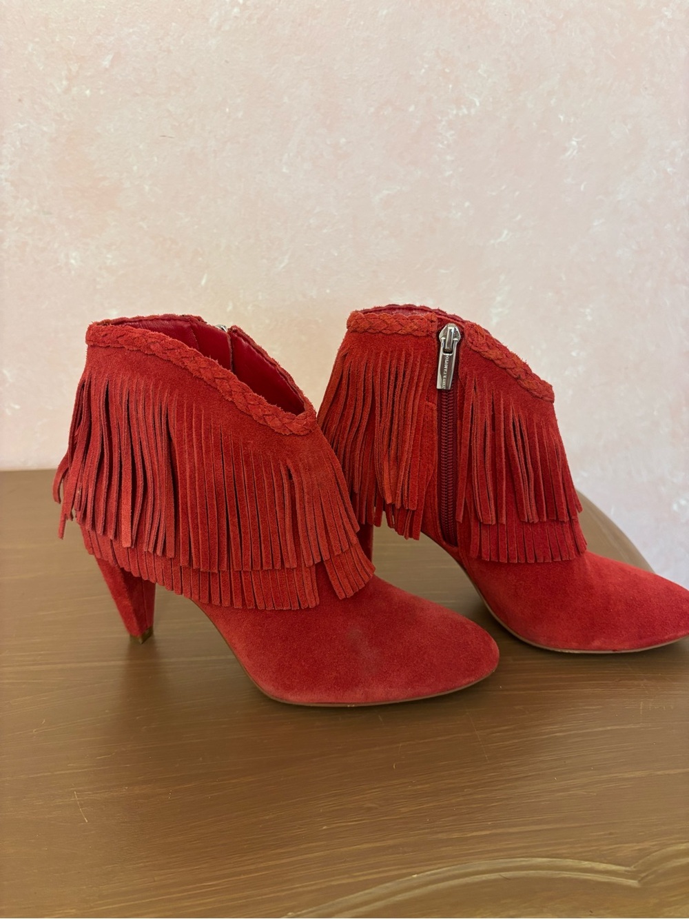 Vince Camuto Red Suede Fringe Ankle Booties